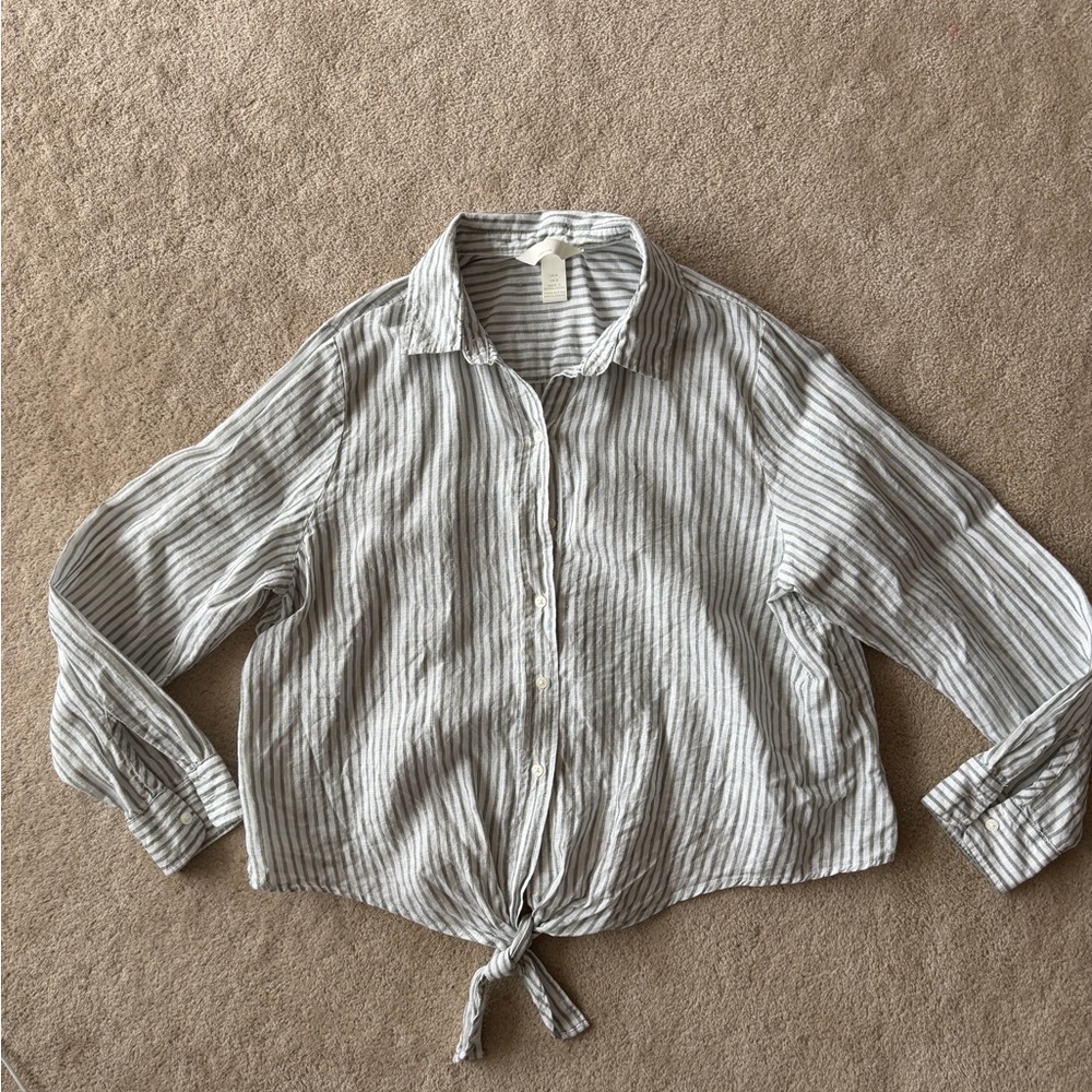 H&M Green and White Striped linen Shirt